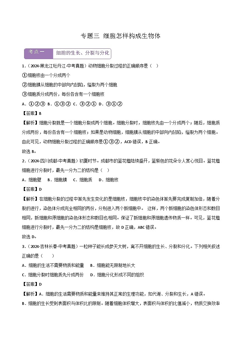 2022--2024年中考生物真题分类汇编-专题03  细胞怎样构成生物体（解析版）第1页