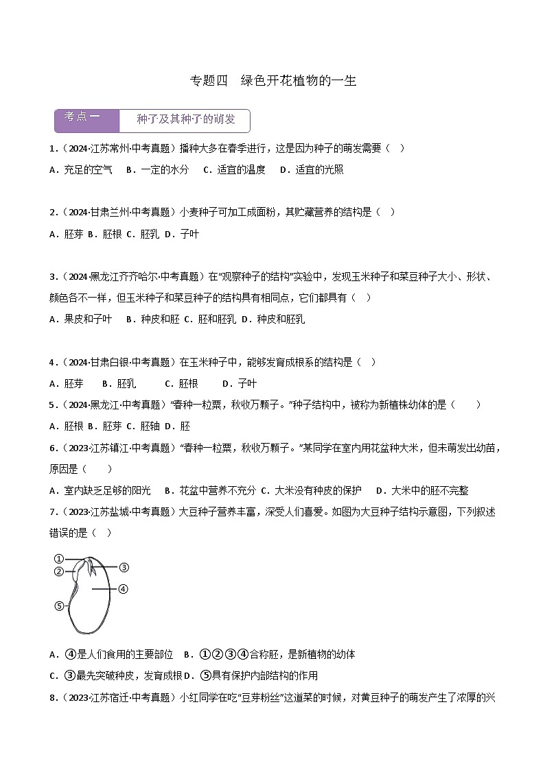 2022--2024年中考生物真题分类汇编-专题04   绿色开花植物的一生（原卷版）第1页