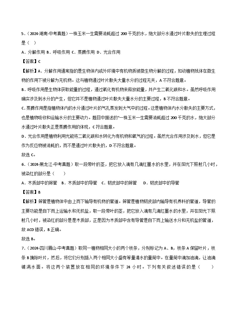 2022--2024年中考生物真题分类汇编-专题05  绿色植物的蒸腾作用、光合作用和呼吸作用（解析版）第3页