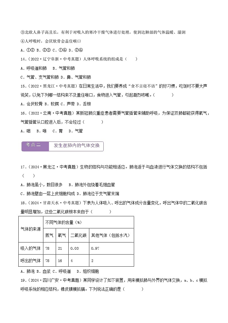 2022--2024年中考生物真题分类汇编-专题08  人体的呼吸（原卷版）第3页