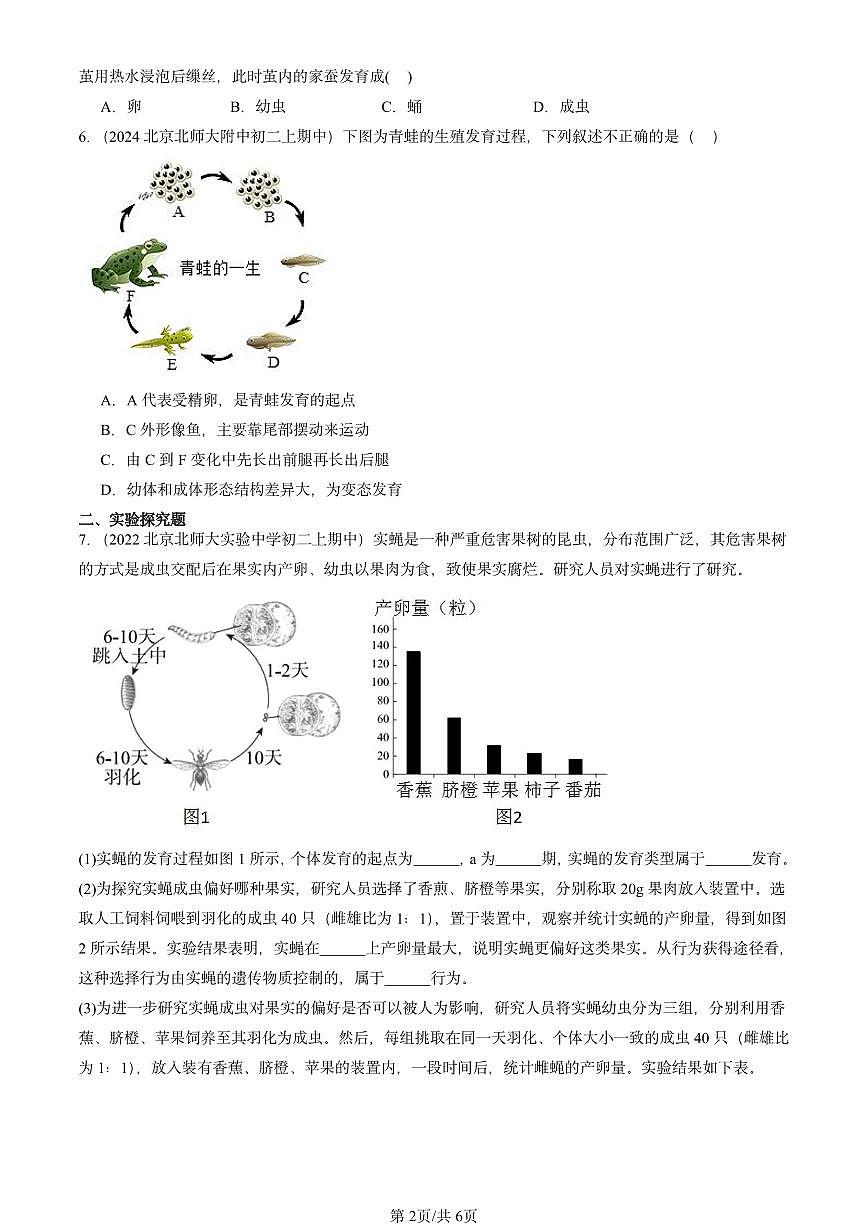 2022-2024北京重点校初二（上）期中真题生物汇编：动物的生殖和发育（京改版）第2页