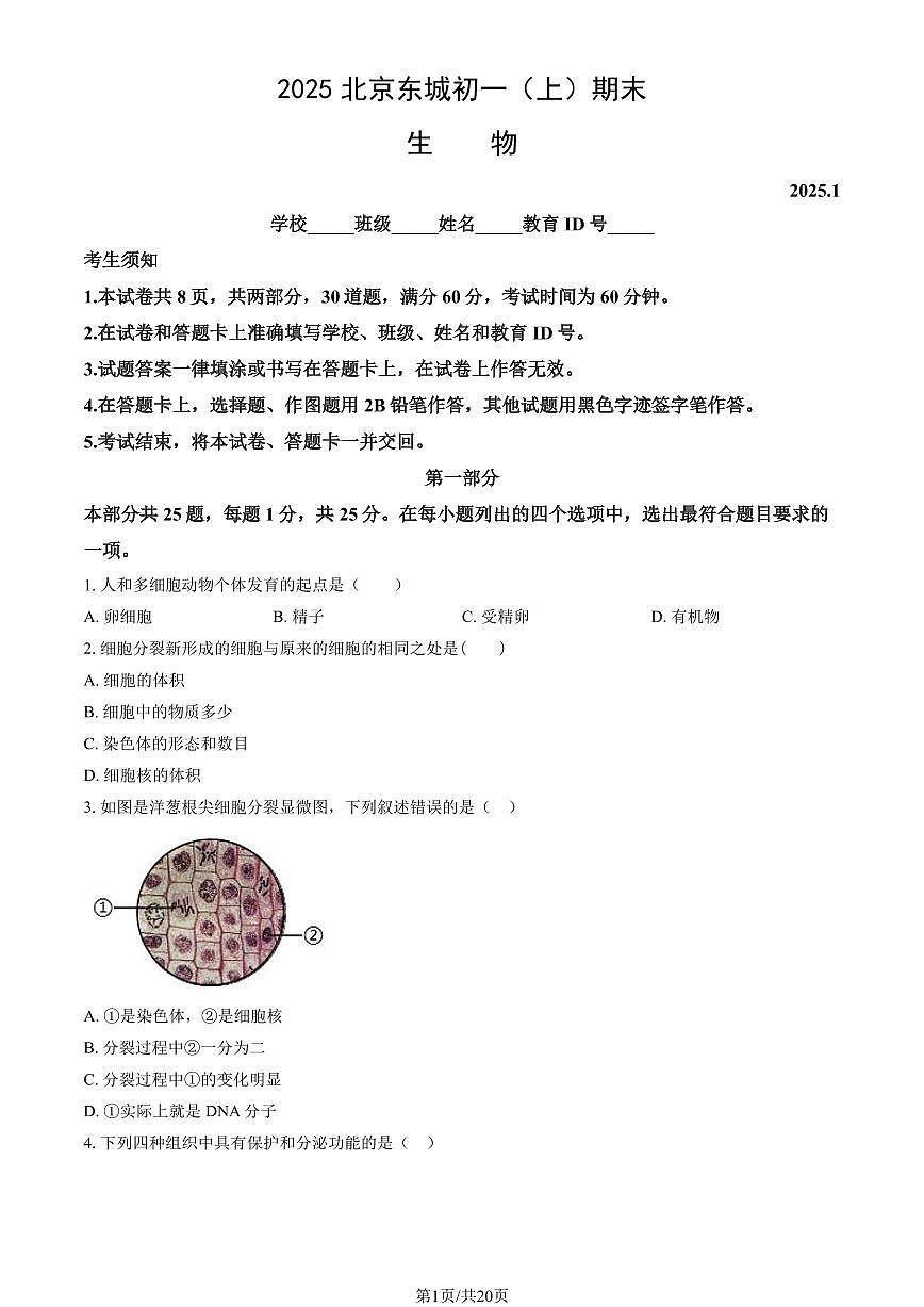 2025北京东城初一（上）期末生物试卷（有答案）第1页