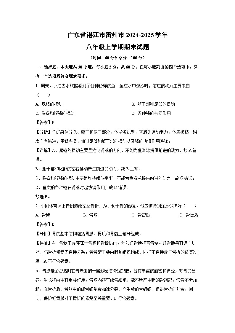 2024~2025学年广东省湛江市雷州市八年级上学期期末生物试卷（解析版）第1页