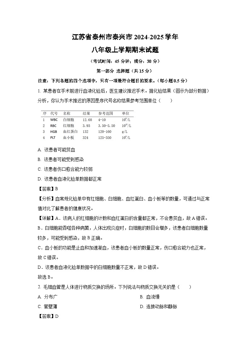 2024~2025学年江苏省泰州市泰兴市八年级上学期期末生物试卷（解析版）第1页