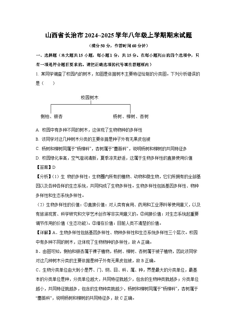 2024~2025学年山西省长治市八年级上学期期末生物试卷（解析版）第1页