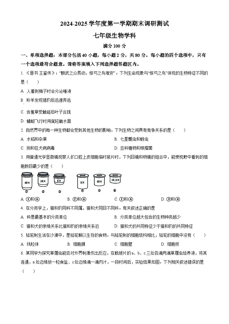 江苏省宿迁市宿城区2024-2025学年七年级上学期期末生物试题（原卷版+解析版）第1页