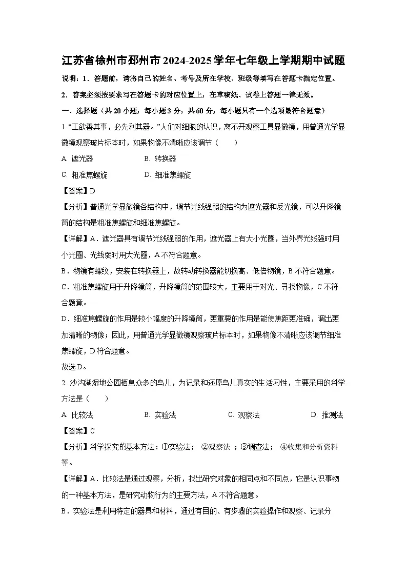 2024~2025学年江苏省徐州市邳州市七年级上学期期中生物试卷（解析版）第1页