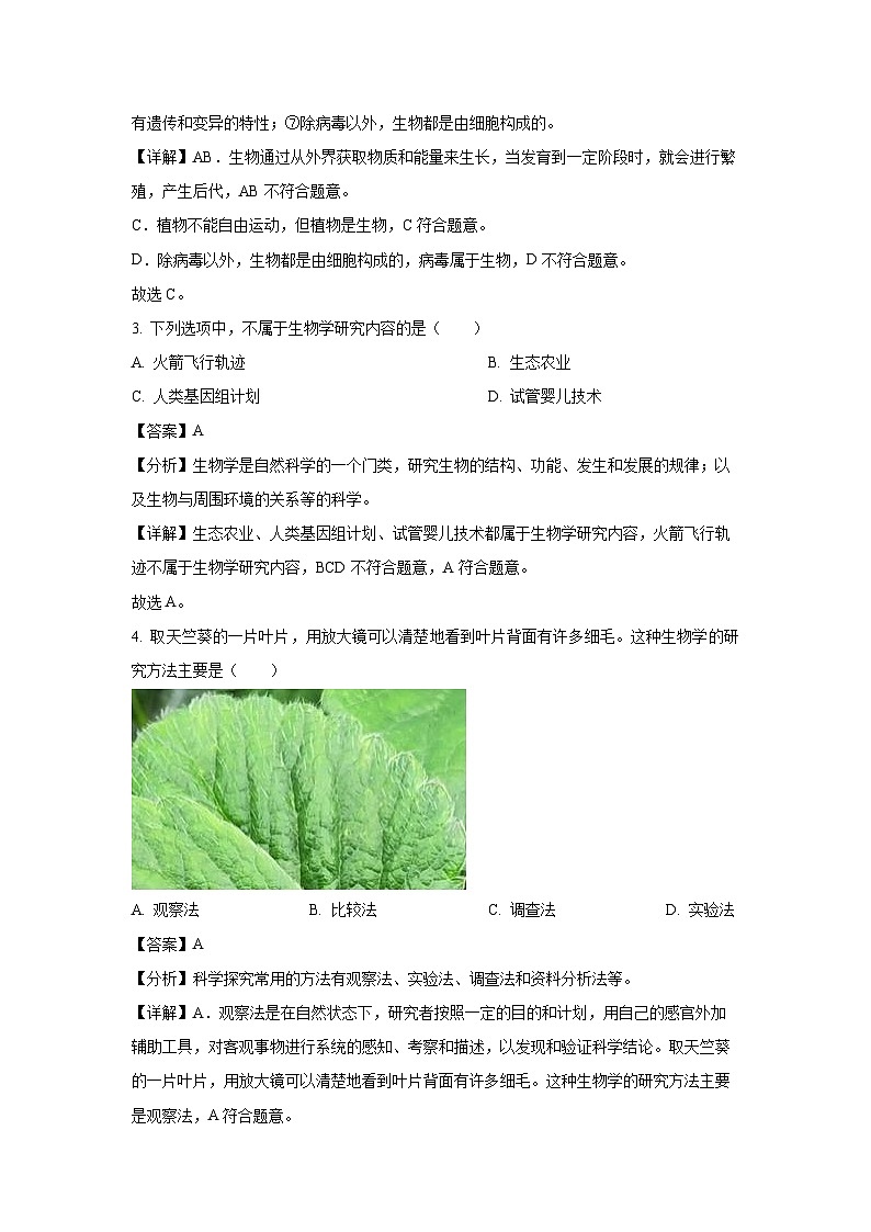 2024~2025学年江苏省徐州市沛县七年级上学期期中生物试卷（解析版）第2页