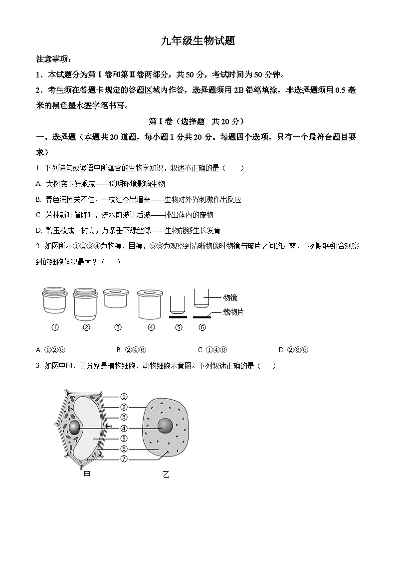 山东省菏泽市牡丹区2024-2025学年九年级上学期期末生物试题（原卷版+解析版）第1页