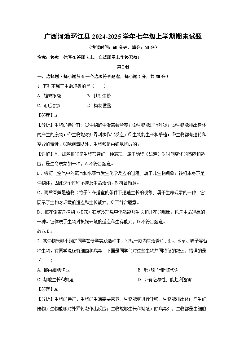 2024~2025学年广西河池环江县七年级上学期期末生物试卷（解析版）第1页