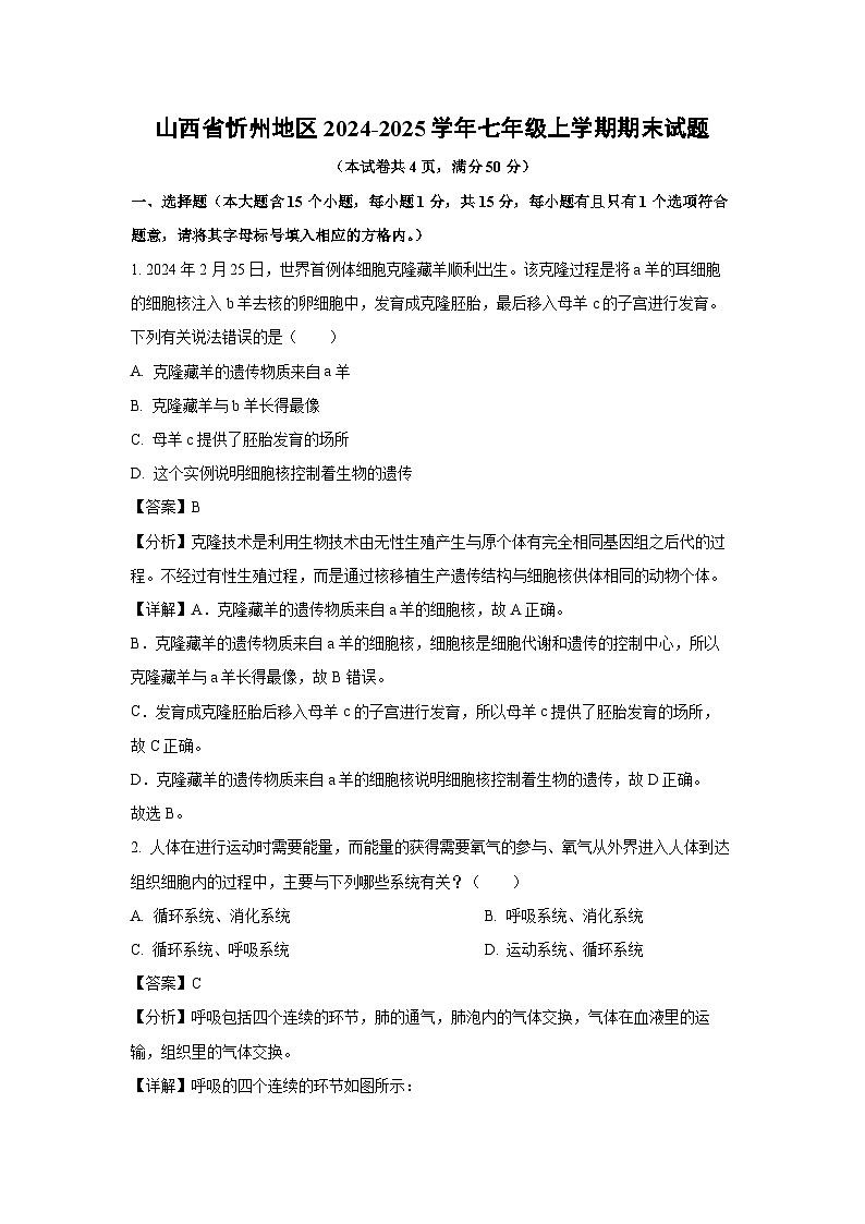 2024~2025学年山西省忻州地区七年级上学期期末生物试卷（解析版）第1页