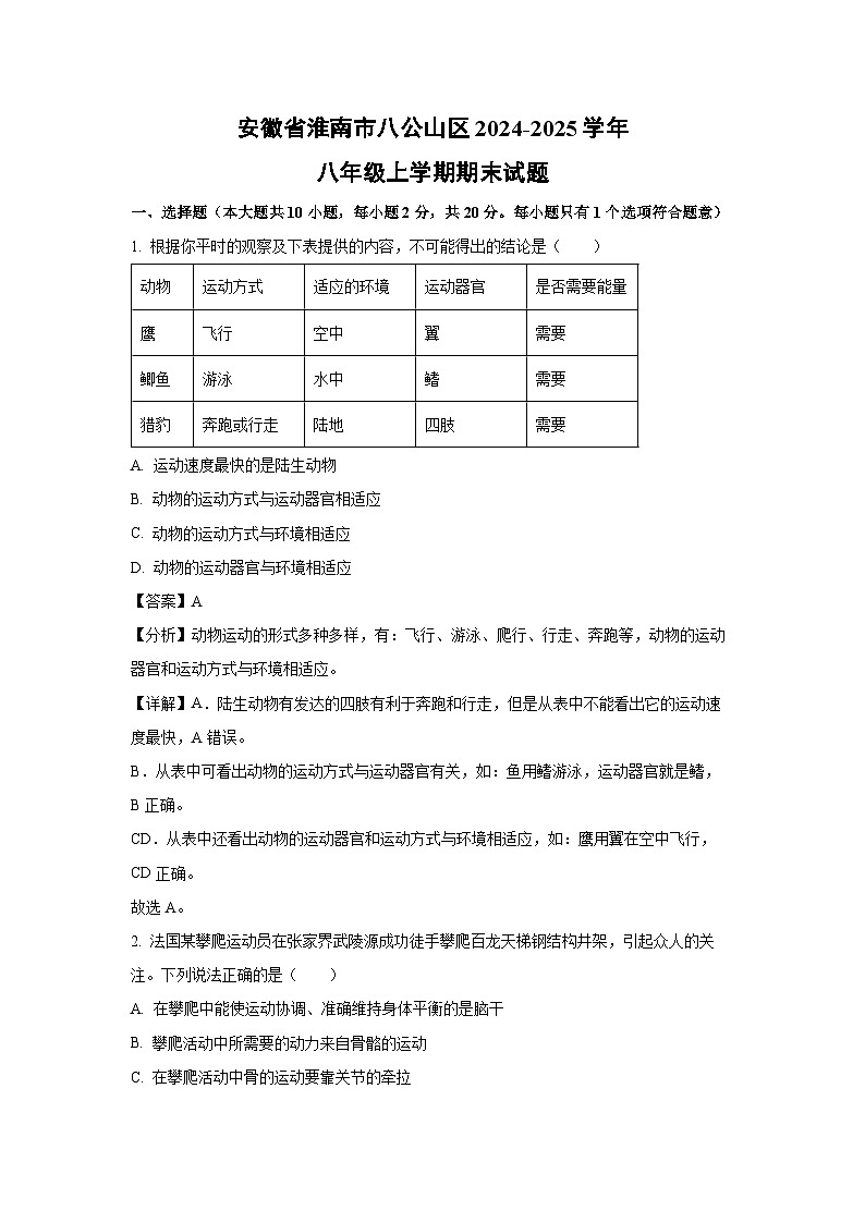 2024~2025学年安徽省淮南市八公山区八年级上学期期末生物试卷（解析版）第1页