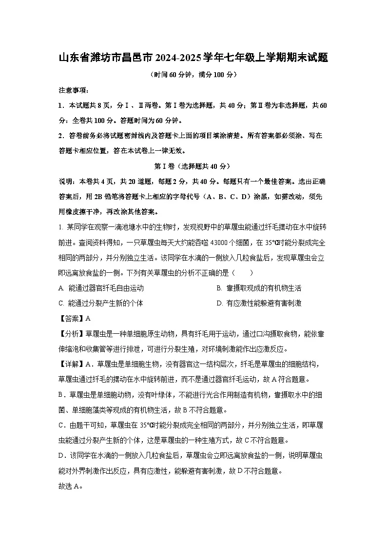 2024~2025学年山东省潍坊市昌邑市七年级上学期期末生物试卷（解析版）第1页