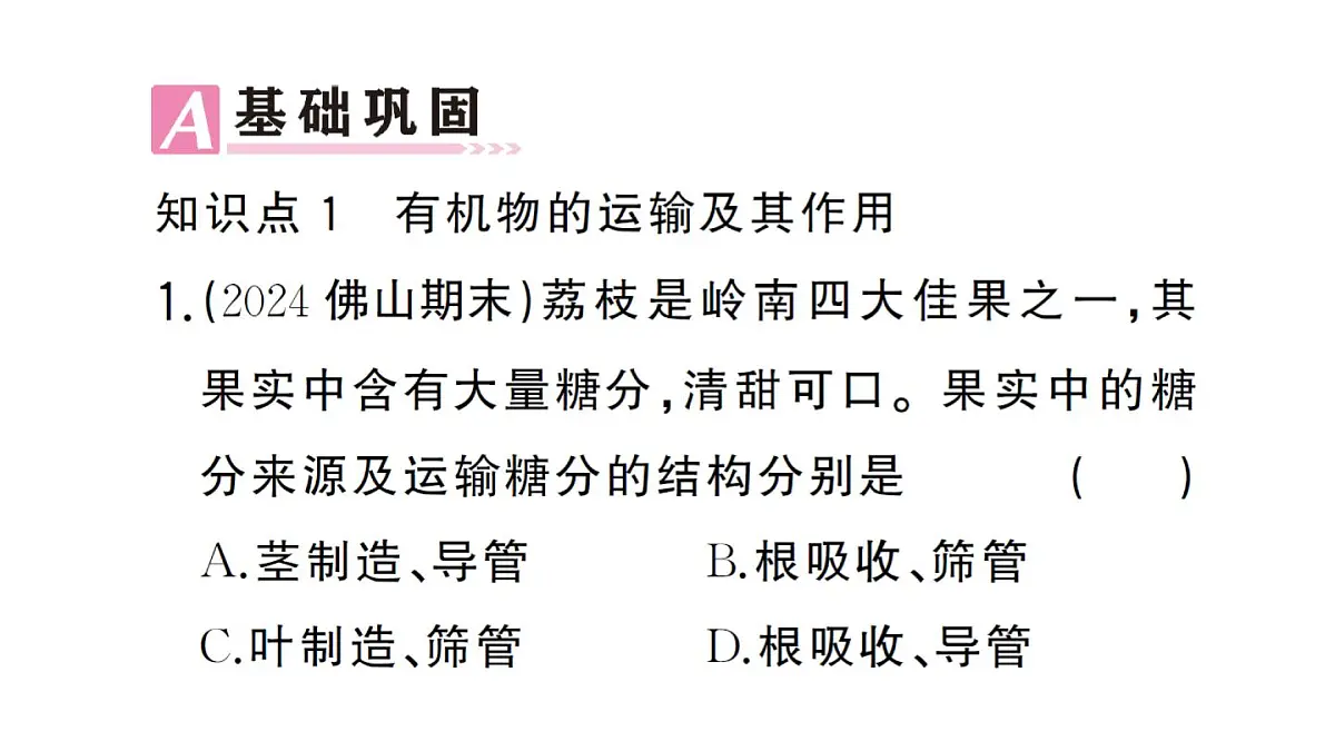 初中生物新人教版七年级下册第三单元第二章第二节第二课时 有机物的运输及其作用作业课件2025春第3页