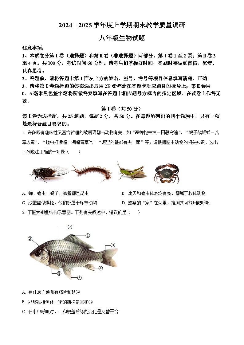山东省临沂市蒙阴县2024-2025学年八年级上学期期末生物试题（原卷版+解析版）第1页