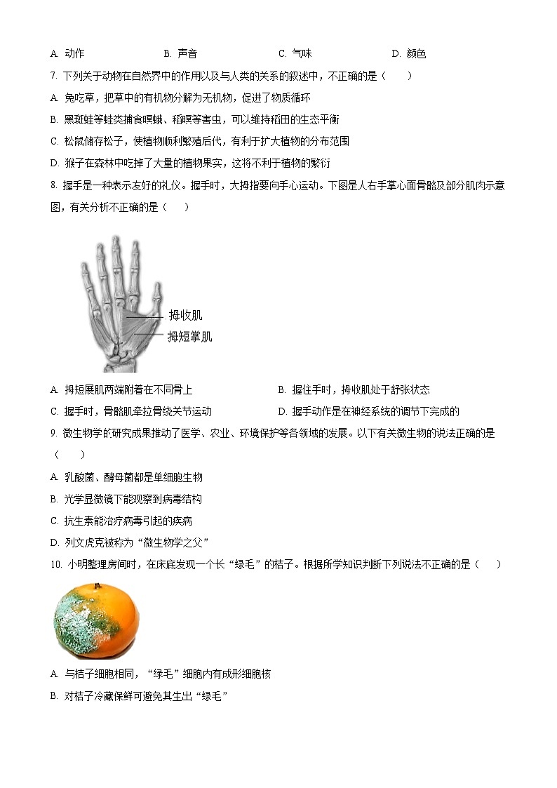 山东省临沂市蒙阴县2024-2025学年八年级上学期期末生物试题（原卷版+解析版）第3页