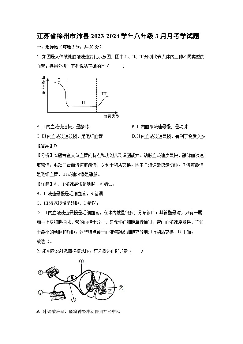 江苏省徐州市沛县2023-2024学年八年级下3月月考学生物试卷（解析版）第1页