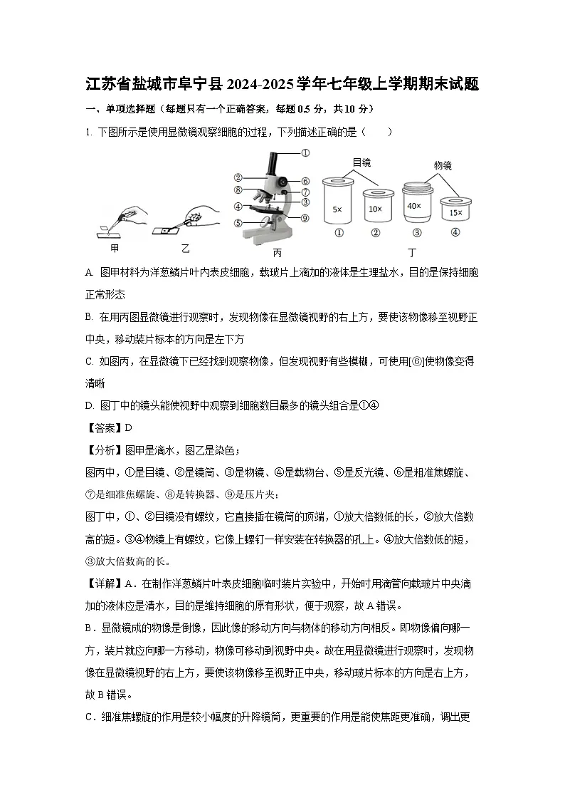 2024-2025学年江苏省盐城市阜宁县七年级上学期期末生物试卷（解析版）第1页