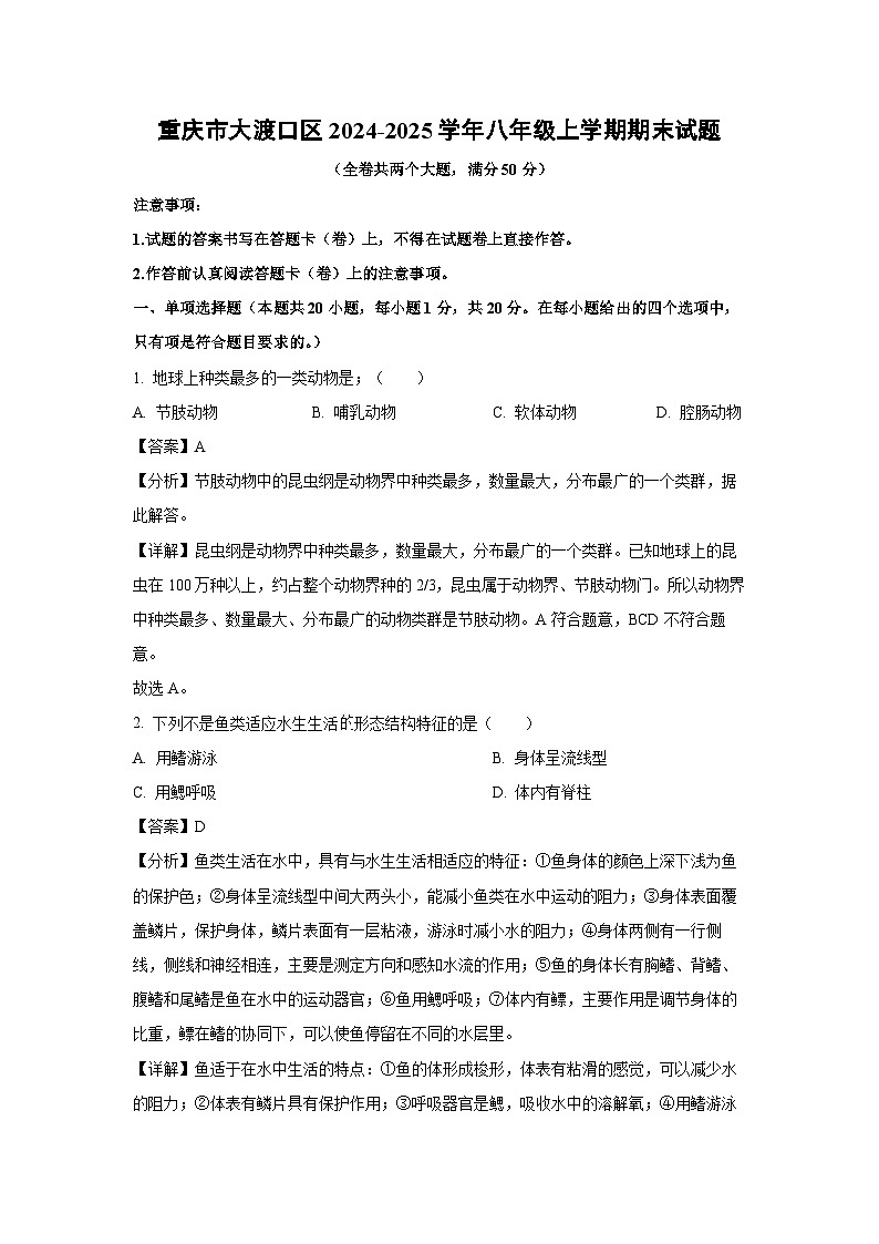 2024-2025学年重庆市大渡口区八年级上学期期末生物试卷（解析版）第1页