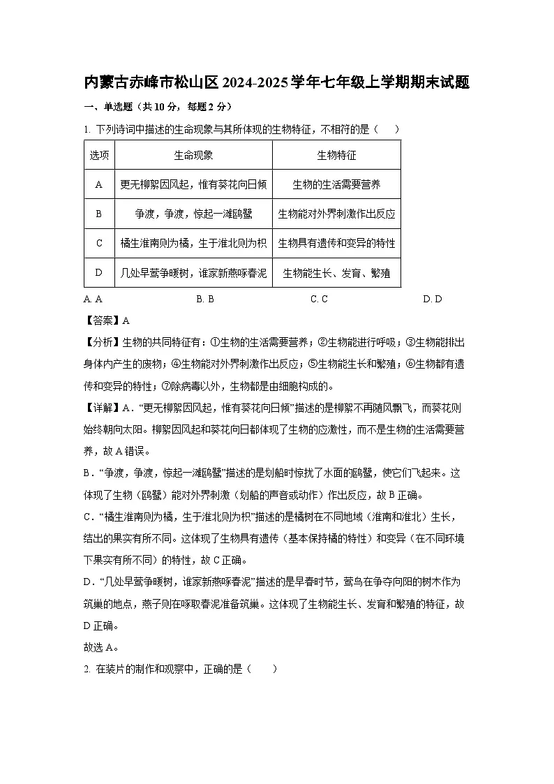 2024-2025学年内蒙古赤峰市松山区七年级上学期期末生物试卷（解析版）第1页