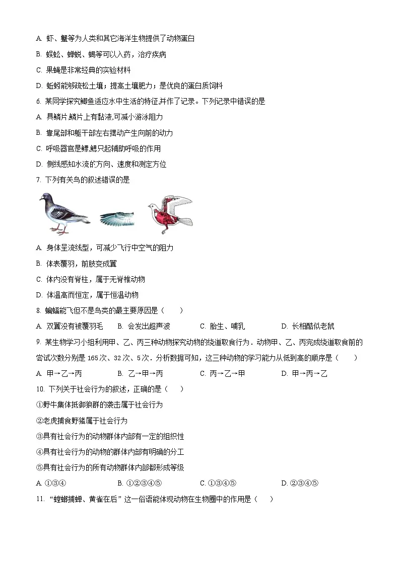 河南省信阳市光山县2024-2025学年八年级上学期期末生物试题（原卷版+解析版）第2页