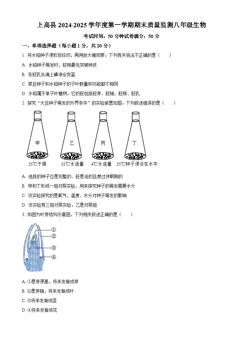 江西省宜春市上高县2024-2025学年八年级上学期期末生物试题（原卷版+解析版）第1页