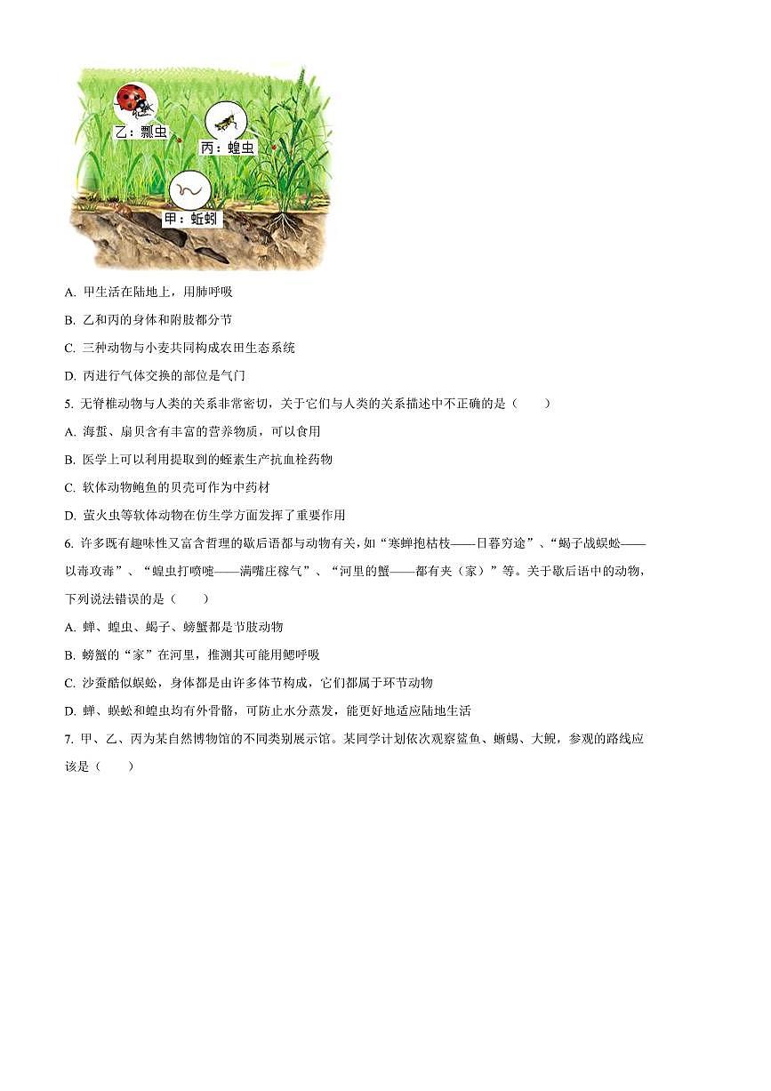 2024～2025学年山东省青岛市城阳区八年级上期末生物试卷(含答案)第2页
