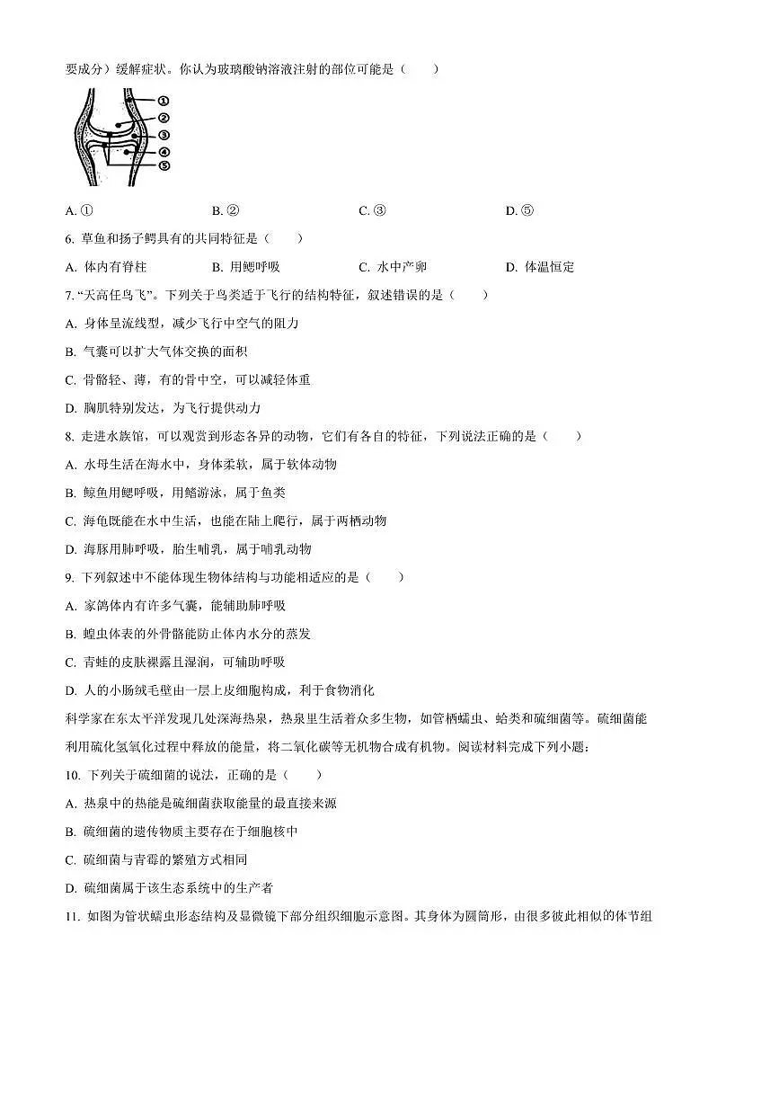 2024～2025学年山东省青岛市崂山区八年级上期末生物试卷(含答案)第2页