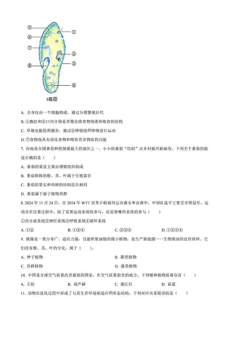 2024～2025学年河南省周口市鹿邑县七年级上期末生物试卷(含答案)第2页