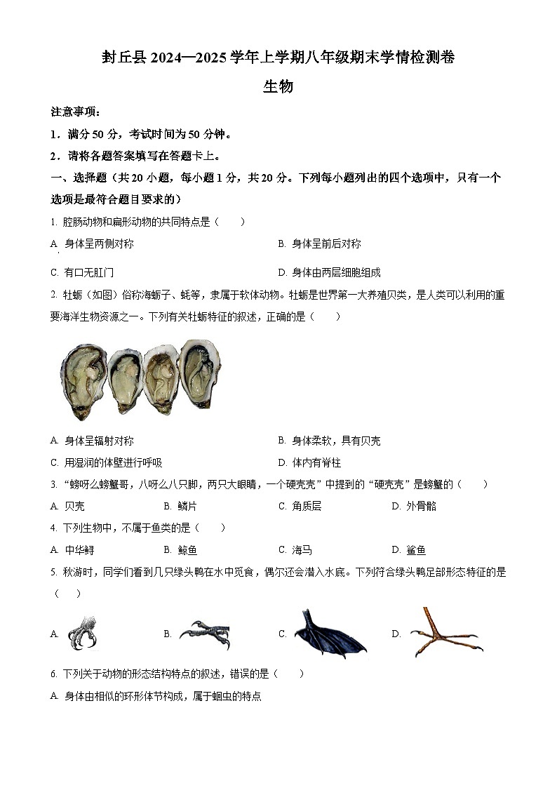 河南省新乡市封丘县2024-2025学年八年级上学期期末生物试题（原卷版+解析版）第1页