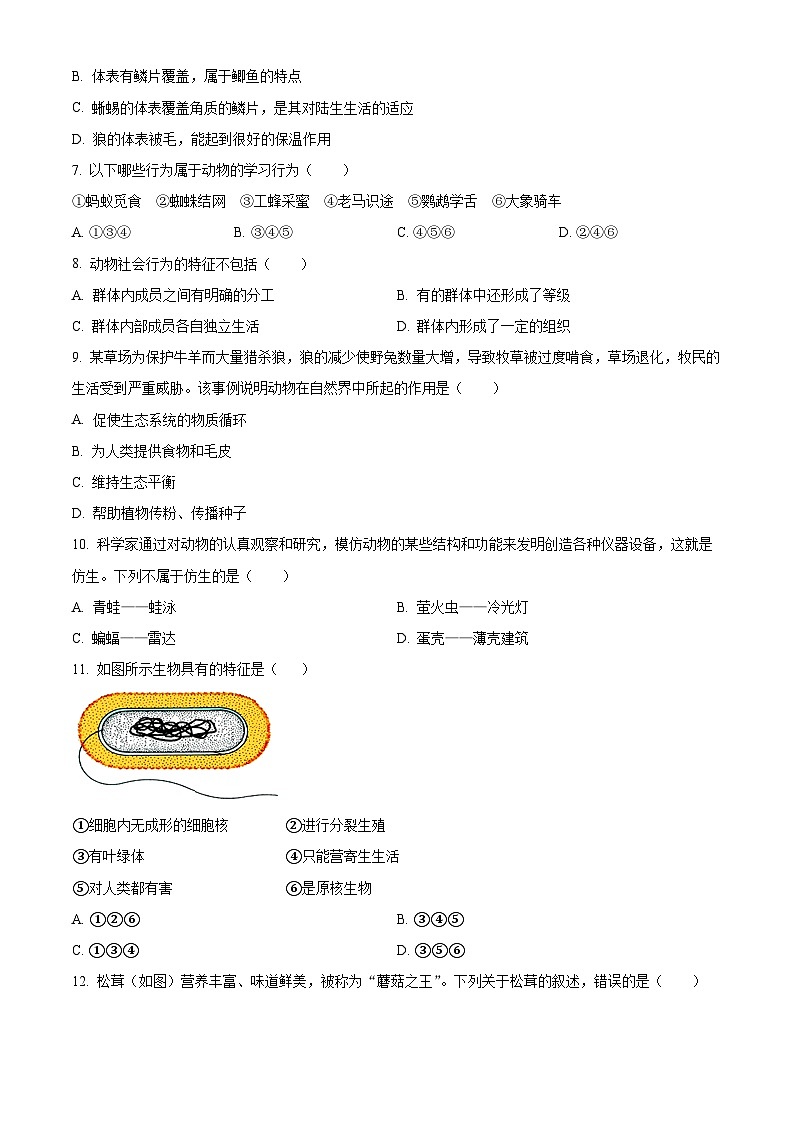 河南省新乡市封丘县2024-2025学年八年级上学期期末生物试题（原卷版+解析版）第2页