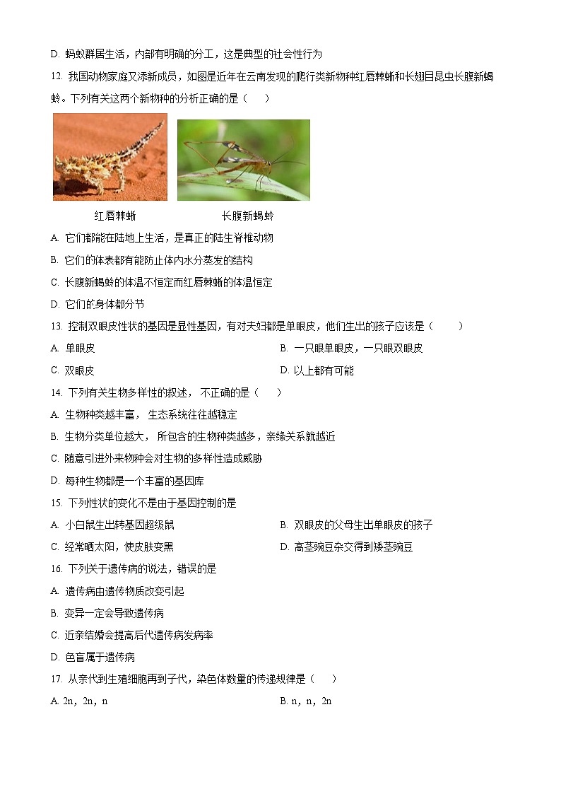 河南省南阳市镇平县2024-2025学年八年级上学期期末生物试题（原卷版+解析版）第3页