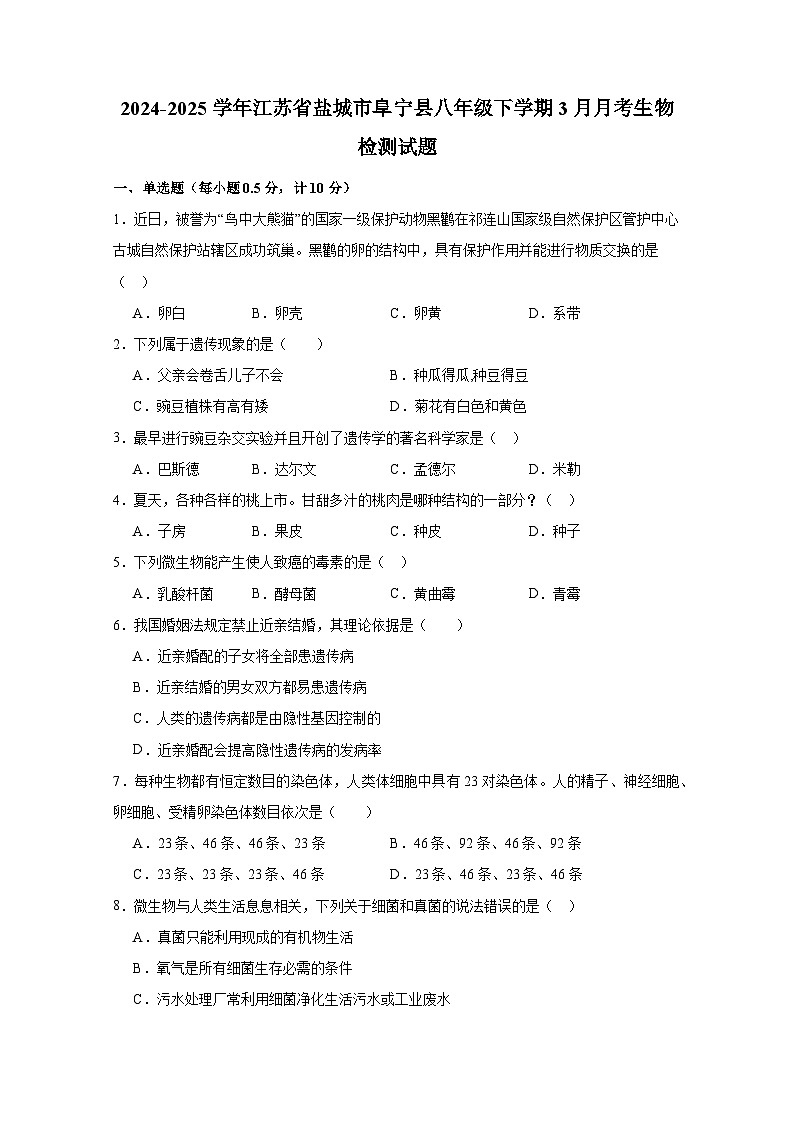 2024-2025学年江苏省盐城市阜宁县八年级下册3月月考生物检测试题（附答案）第1页