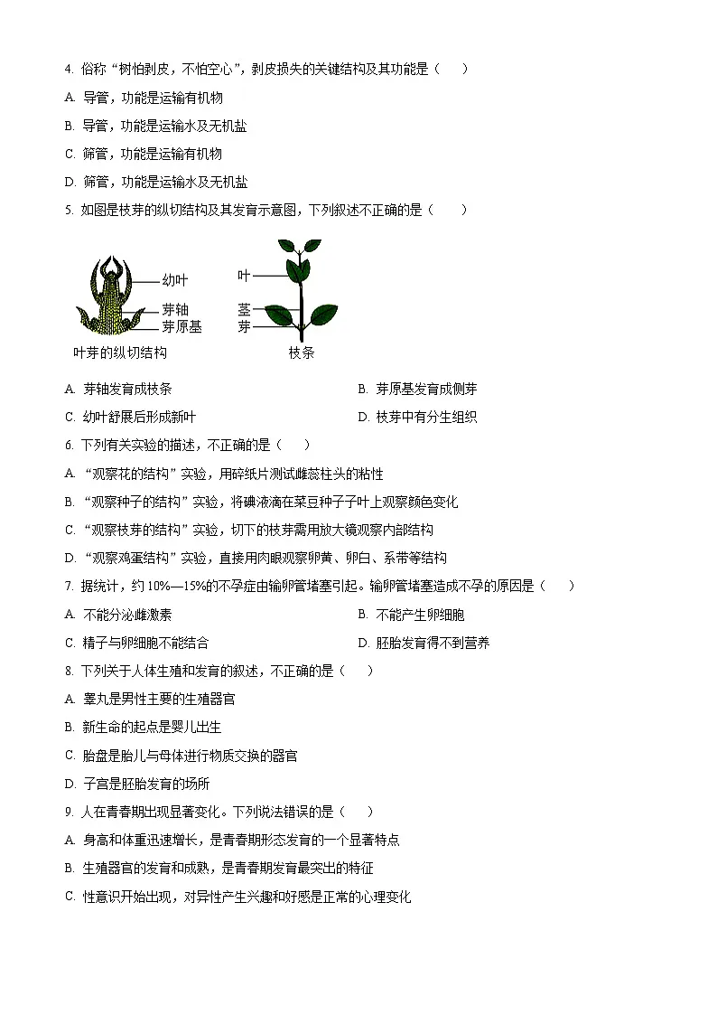 山东省滨州市无棣县2024-2025学年八年级上学期期末生物试题（原卷版+解析版）第2页