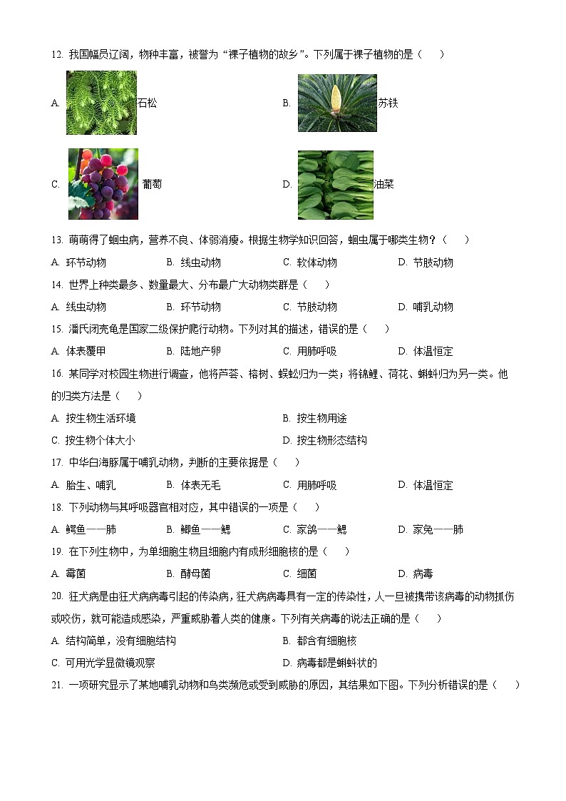 安徽省合肥市包河区2024-2025学年七年级上学期期末生物试题（原卷版+解析版）第3页