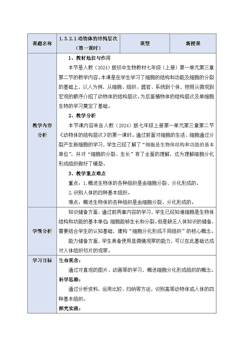 《1.3.2.1动物体的结构层次（第一课时）》教案第1页