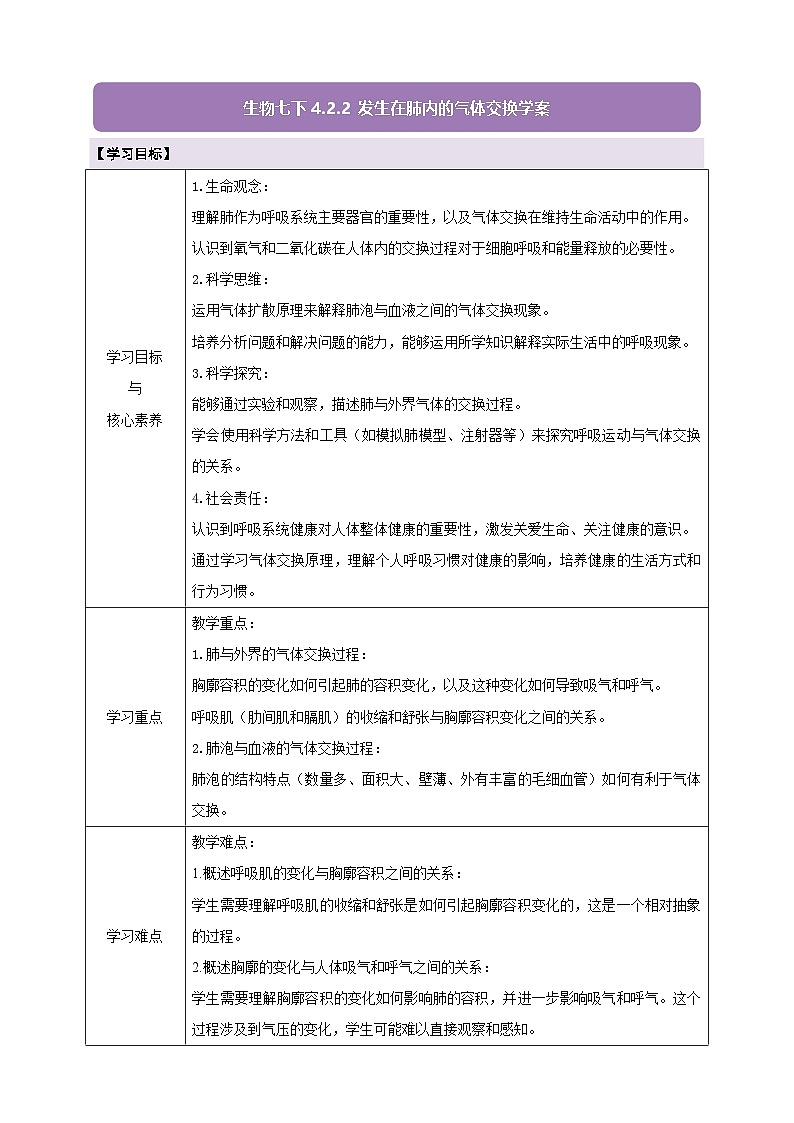 【大单元教学】人教版生物七下4.3.2发生在肺内的气体交换 学案（含答案 ）第1页