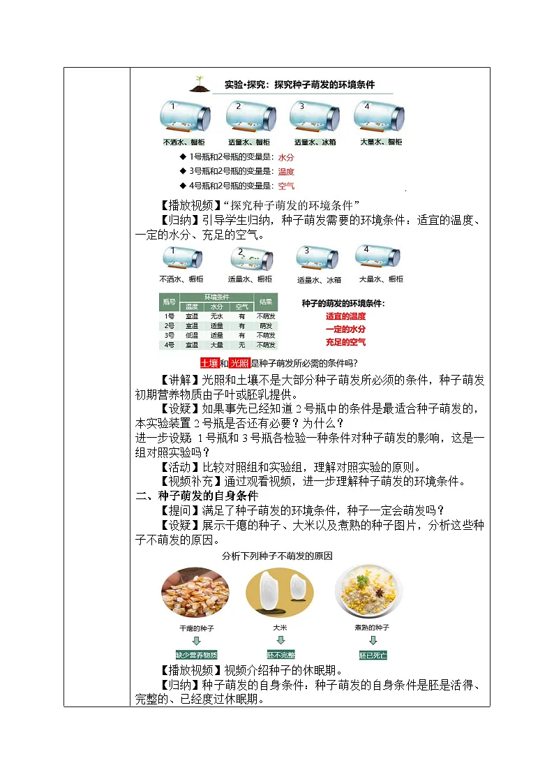 人教版七年级生物下册教案 3.1 第一节 种子的萌发第2页