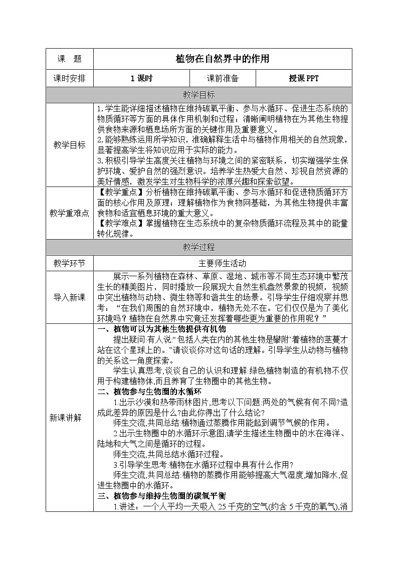 人教版七年级生物下册教案 3.2 第四节 植物在自然界中的作用第1页