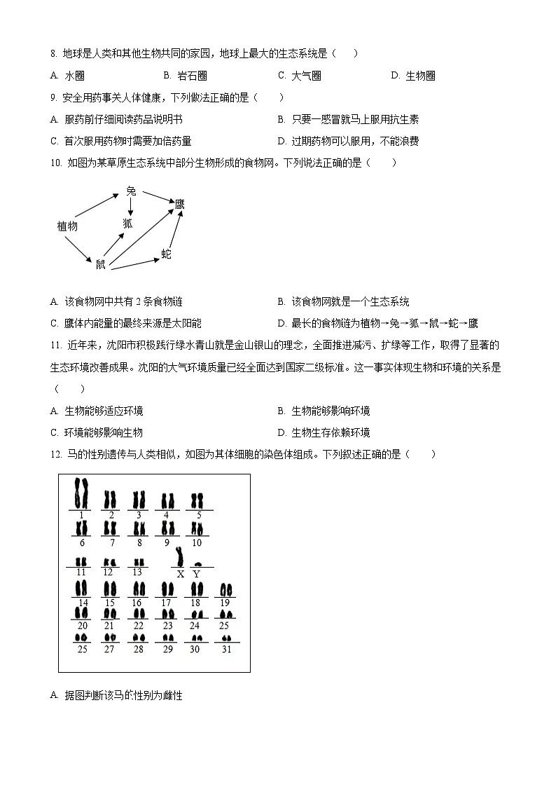 2025年辽宁省沈阳市浑南区中考零模生物试题（原卷版+解析版）第2页