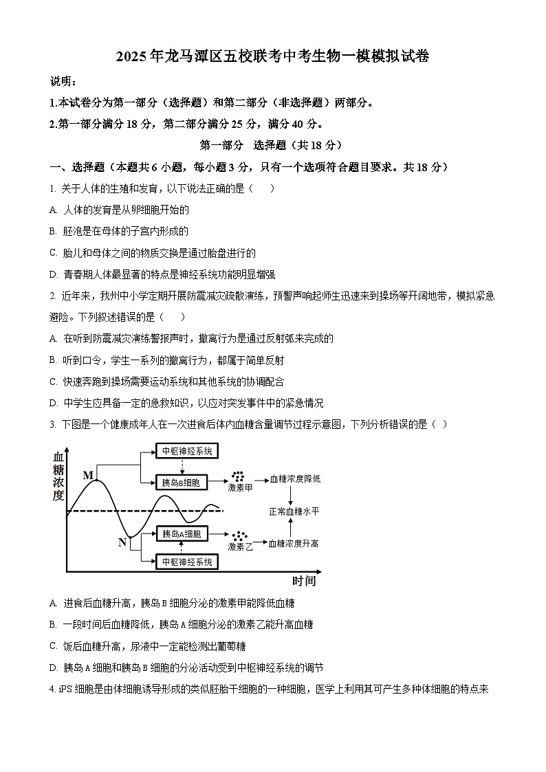 2025年四川省泸州市龙马潭区五校中考一模生物试题（原卷版+解析版）第1页