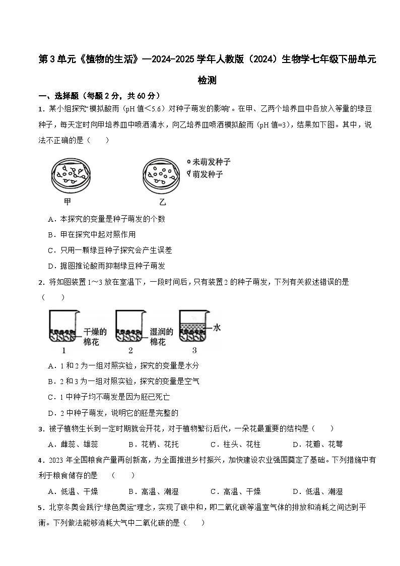 第3单元《植物的生活》--2024-2025学年人教版（2024）生物学七年级下册单元检测第1页