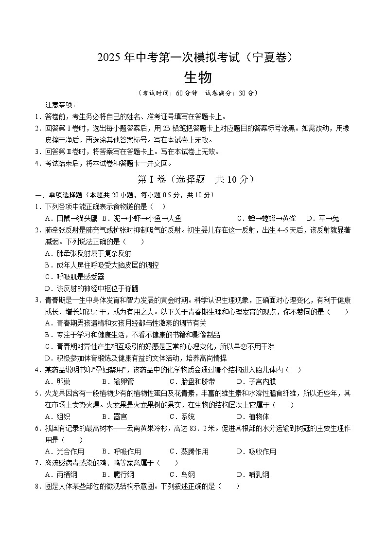 2025年中考第一次模拟考试卷：生物（宁夏卷）（原卷版）第1页