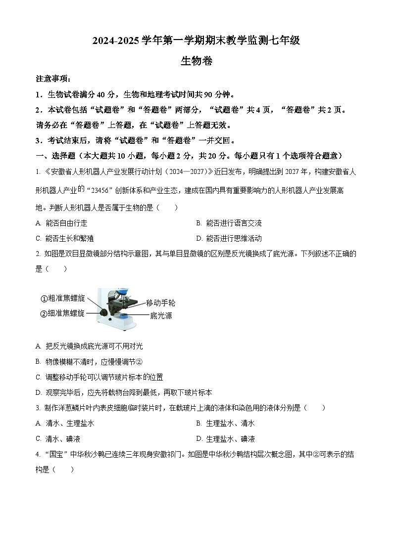安徽省亳州市谯城区2024-2025学年七年级上学期期末生物试题（原卷版+解析版）第1页