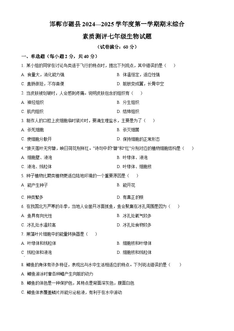河北省邯郸市磁县2024—2025学年七年级上学期期末生物试题（原卷版+解析版）第1页