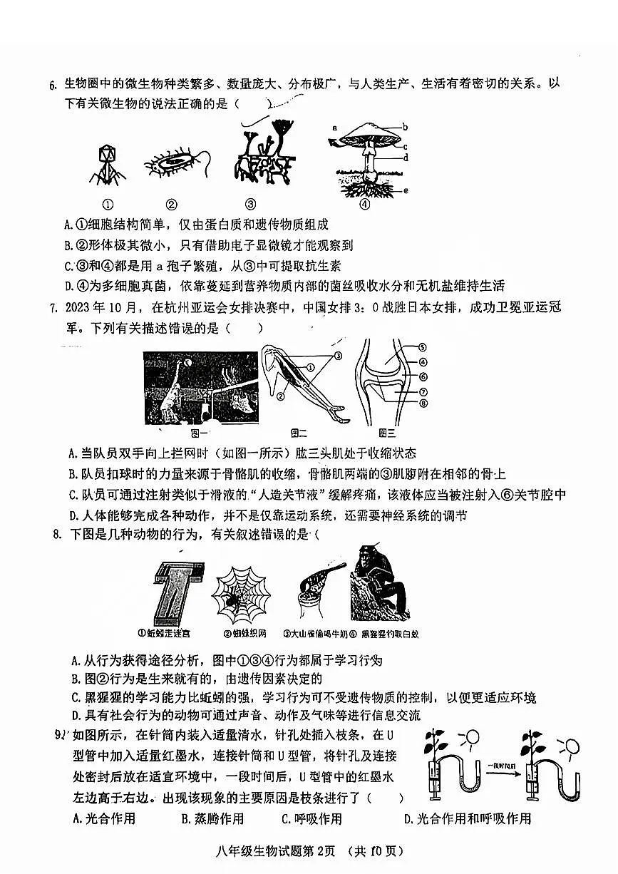 历城区2023-2024学年八年级下学期期中考试生物试题+解析第2页