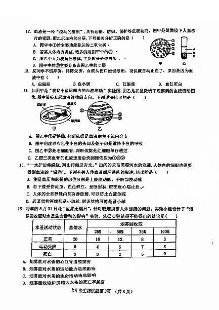 历城区2023-2024学年七年级下学期4月期中考试生物试题第3页