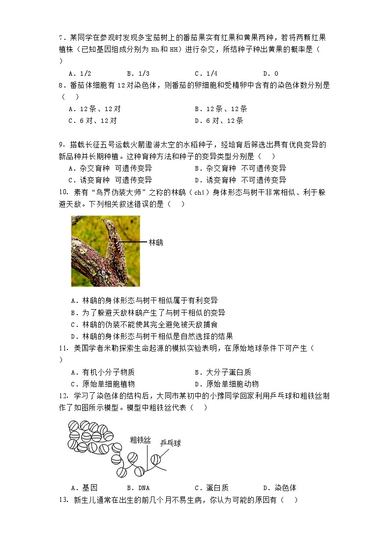 山西省大同市第一中学2024-2025学年八年级下学期3月月考 生物试题（含解析）第2页