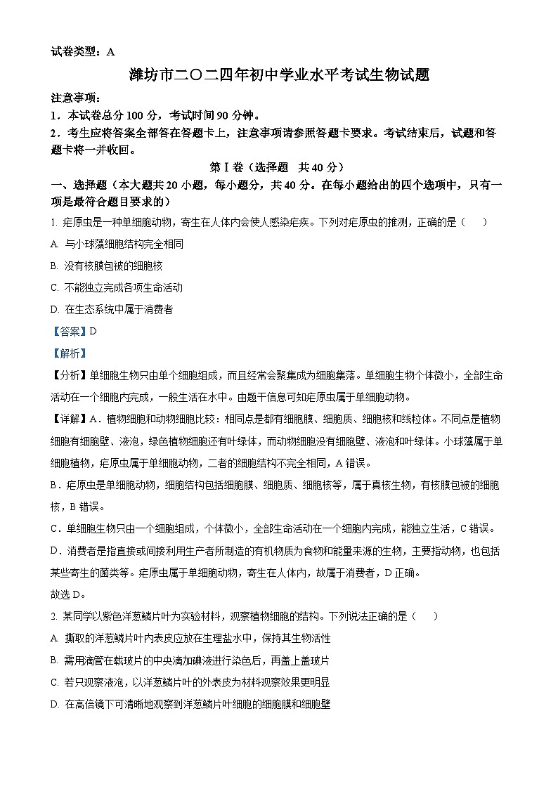 精品解析：2024年山东省潍坊市中考生物真题（解析版）第1页
