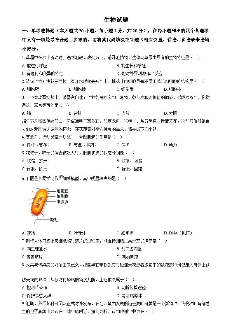 精品解析：2024年江西省中考生物真题（原卷版）第1页
